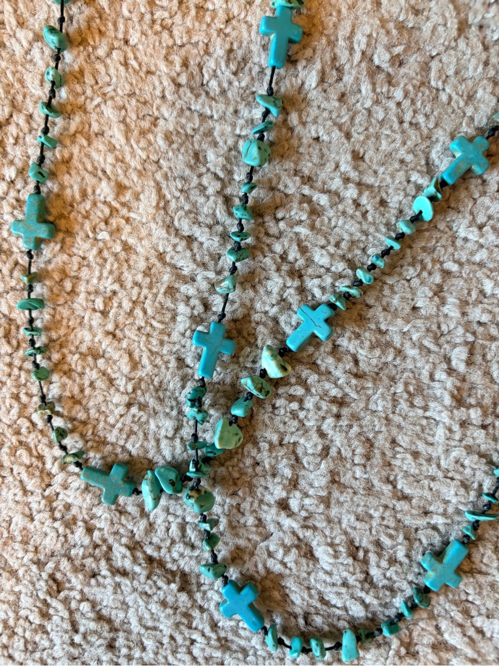 Turquoise Cross Bead Long Necklace - Women Jewelry - Vintage
